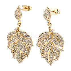 Clear Cubic Zirconia Maple Leaf Dangle Stud Earring, Brass Jewelry for Women, Real 18K Gold Plated, 39mm, Pin: 0.8mm(EJEW-C008-04G)