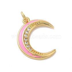 Moon Rack Plating Brass Micro Pave Cubic Zirconia Enamel Pendants, with Jump Rings, Cadmium Free & Lead Free, Long-Lasting Plated, Real 18K Gold Plated, Hot Pink, 20.5x17.5x2mm, Hole: 3.5mm(KK-G504-06G-02)