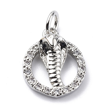 Brass Micro Pave Cubic Zirconia Charms, with Jump Rings, Round Ring & Cobra Snake Charms, Platinum, 13.5x11x4mm, Hole: 3.2mm