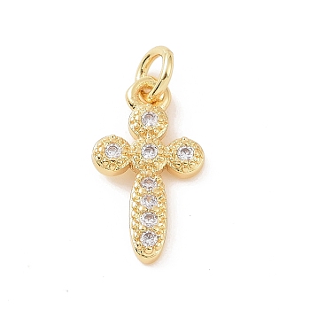 Brass Micro Pave Cubic Zirconia Charms, with Jump Ring, Religion Cross Charm, Golden, 15x8x1.5mm, Hole: 2.8mm