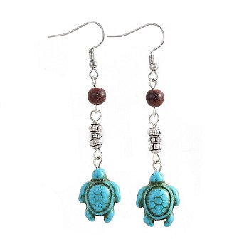 Synthetic Turquoise Dangle Earrings, with Natural Sandalwood and Alloy Beads, 304 Stainless Steel Earring Hooks, Tortoise, 68mm, Pin: 0.7mm