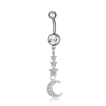 Piercing Jewelry, Brass Cubic Zirconia Navel Ring, Belly Rings, with 304 Stainless Steel Bar, Lead Free & Cadmium Free, Moon with Star, Clear, Platinum, 55x11mm, Bar Length: 3/8"(10mm), Bar: 14 Gauge(1.6mm)