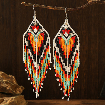 Bohemian Style Geometric Glass Bead Tassel Earrings for Women, Dangle Earrings, Multi Colours