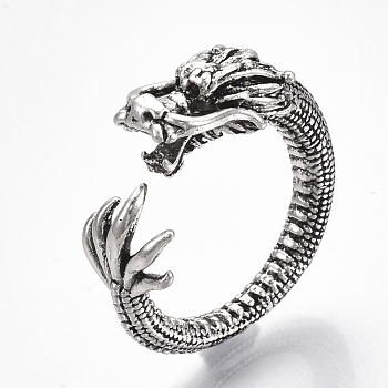 Adjustable Tibetan Style Alloy Cuff Rings, Open Rings, Dragon, Size 8, Antique Silver, Size 8, Inner Diameter: 18mm