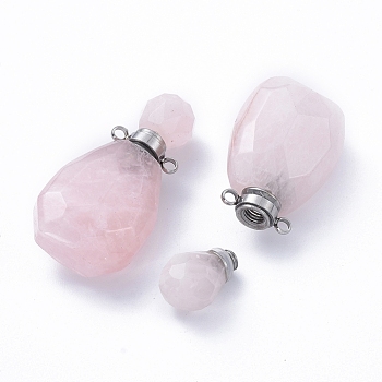 Faceted Natural Rose Quartz Openable Perfume Bottle Pendants, with Stainless Steel Color Tone 304 Stainless Steel Findings, 36.5~37x18~18.5x13.5mm, Hole: 1.8mm, Bottle Capacity: 1ml(0.034 fl. oz)