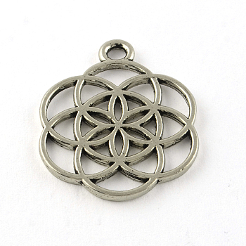 Tibetan Style Flower Alloy Pendants, Seed of Life/Sacred Geometry, Cadmium Free & Nickel Free & Lead Free, Antique Silver, 25x20x1mm, Hole: 2mm, about 690pcs/1000g
