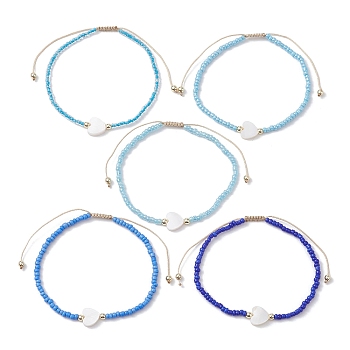 5Pcs 5 Colors Natural Shell Heart & Seed Braided Bead Bracelets Set, Adjustable Synthetic Hematite Stackable Bracelets, Blue, Inner Diameter: 2-1/4~3-3/8 inch(5.6~8.7cm), 1Pc/color