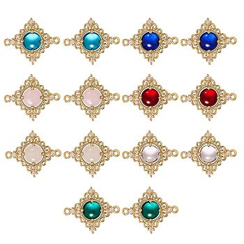 14Pcs 7 Colors Glass Links/Connectors, with Eco-Friendly Alloy Open Back Berzel Findings and Clear Cubic Zirconia, Rhombus, Nickel Free, Light Gold, Mixed Color, 23.5x19x4.5mm, Hole: 1.2mm, 2pcs/color