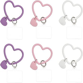 6Pcs 3 Colors Silicone Heart Loop Phone Lanyard, Wrist Lanyard Strap with Plastic & Iron Keychain Holder, Mixed Color, 18cm, 2pcs/color