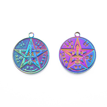 Ion Plating(IP) 201 Stainless Steel Pendants, Flat Round with Star, Rainbow Color, 28.5x25x2mm, Hole: 2.5mm