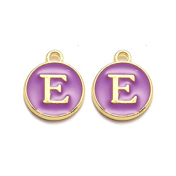 Golden Plated Alloy Enamel Charms, Enamelled Sequins, Flat Round with Alphabet, Letter.E, Purple, 14x12x2mm, Hole: 1.5mm