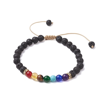 Adjustable Chakra 6mm Round Natural Dyed Malaysia Jade & Tiger Eye & Lava Rock, Synthetic Citrine & Turquoise Braided Bead Bracelets for Women Men, Colorful, Inner Diameter: 2-1/8~3-1/8  inch(5.3~7.8cm)