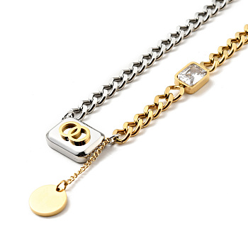 Rectangle & Rhinestone Pendant Necklace, Ion Plating(IP) 304 Stainless Steel Jewelry for Women, Golden & Stainless Steel Color, 17.13 inch(43.5cm)