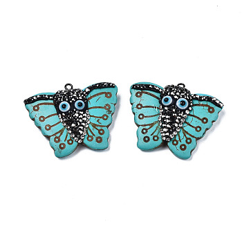 Synthetic Turquoise Pendants, with Polymer Clay Rhinestones, Evil Eye Resin and Iron Loop, Dyed, Butterfly, Gunmetal, Turquoise, PP12: (1.8~1.9)mm, 33x40~41x10.5mm, Hole: 2mm