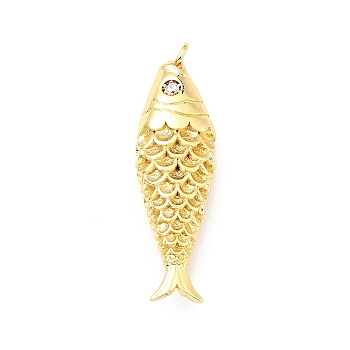Brass Micro Pave Clear Cubic Zirconia Pendants, with Jump Ring, Cadmium Free & Lead Free, Fish, Real 18K Gold Plated, 36.5x11x6.5mm