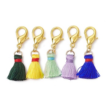 5Pcs 5 Colors Nylon Thread Tassel Pendant Decorations, with Zinc Alloy Lobster Claw Clasps, Mixed Color, 35mm, 1pc/color