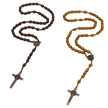 6Pcs 2 Colors Alloy Religion Crucifix Cross Pendant Wood Rice Beaded Rosary Bead Necklaces, Mixed Color, 24-3/4 inch(63cm), 3pcs/color