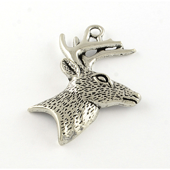Tibetan Style Alloy Big Pendants, Christmas Reindeer/Stag, Cadmium Free & Lead Free, Antique Silver, 51.5x46x6.5mm, Hole: 4mm, about 94pcs/1000g