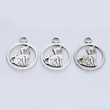 Tibetan Style Alloy Kitten Pendants, Cadmium Free & Lead Free, Ring with Cat Shape, Antique Silver, 23x18.5x1mm, Hole: 1.8mm, about 416pcs/500g