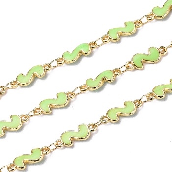 Handmade Alloy Enamel S Shape Link Chains, with Spool, Soldered, Long-Lasting Plated, Lead Free & Cadmium Free, Golden, Light Green, 13x5x2mm, about 16.4 Feet(5m)/roll