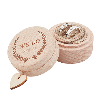 Engraved Wood Ring Boxes, with PVC Ramie Cotton Fabric and Heart Pendant, Jewelry Box, Round with Word We Do, BurlyWood, 5.3x4cm