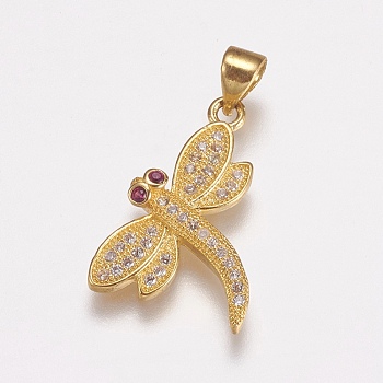 Brass Micro Pave Cubic Zirconia Pendants, Dragonfly, Golden, 21x16x3mm, Hole: 3.5x4mm