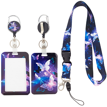 ABS Plastic ID Badge Holder Sets, include Lanyard and Retractable Badge Reel, ID Card Holders with Clear Window, Rectangle with Butterfly Pattern, Midnight Blue, 790mm, 1 set/box