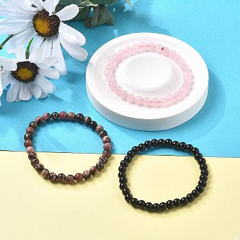 3Pcs 3 Style Natural Rhodonite & Black Agate & Rose Quartz Round Beaded Stretch Bracelets Set, Gemstone Stackable Bracelets for Woman, Wide: 6mm, 7-1/4~7-1/2 inch(18.5~19cm), 1Pc/style