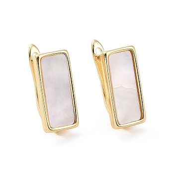 Rack Plating Brass Hoop Earring Findings with Latch Back Closure, with Natural White Shell and Horizontal Loop, Rectangle, Golden, 17x7.5x11mm, Hole: 1.2mm, Pin: 0.9mm