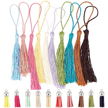 SUNNYCLUE 100Pcs 20 Style Faux Suede & Polyester Tassel Pendants, with CCB Plastic Cord Ends, Mixed Color, 35~37x10mm, Hole: 2.5~3mm, 130x6mm, 5pcs/style