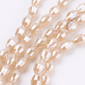 Electroplate Glass Beads Strands, Full Pearl Luster Plated, Faceted, Oval, Navajo White, 6x4mm, Hole: 1mm, about 72pcs/strand, 16 inch