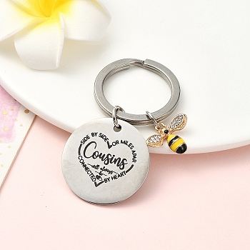 Alloy Rhinestone & 201 Stainless Steel Keychain, with Enamel and Alloy Rings, Bees, Platinum, 6.2cm