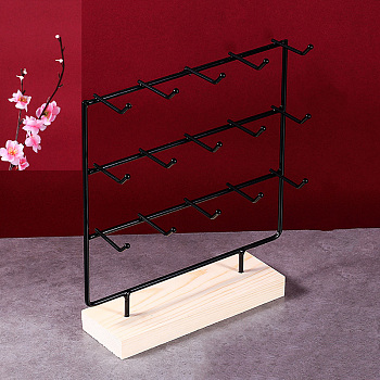 3-Tier 15-Hook Iron Jewelry Display Stands with Wooden Base, Jewelry Organizer Holder for Earring Display Cards, Hair Ties, Bracelets Storage, Rectangle, Black, 24x7x27cm