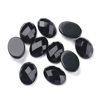 Natural Black Agate Cabochons, Faceted, Oval, 18x13x6mm