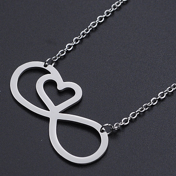 201 Stainless Steel Pendant Necklaces, with Cable Chains and Lobster Claw Clasps, Infinity with Heart, Stainless Steel Color, 17.32 inch(44cm), 2mm, Infinity: 17.5x40x1mm