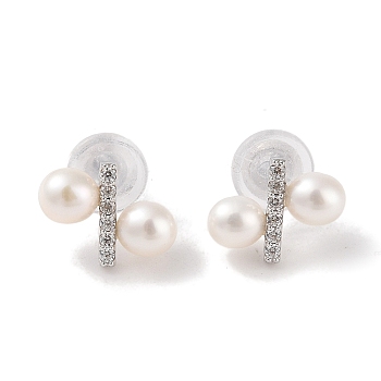 Anti-Tarnish Sterling Silver Stud Earrings, with Natural Pearl and Cubic Zirconia, Jewely for Women, 10.5x14mm