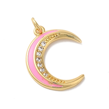 Moon Rack Plating Brass Micro Pave Cubic Zirconia Enamel Pendants, with Jump Rings, Cadmium Free & Lead Free, Long-Lasting Plated, Real 18K Gold Plated, Hot Pink, 20.5x17.5x2mm, Hole: 3.5mm