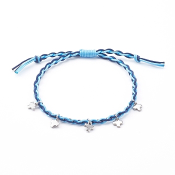 Adjustable Nylon Thread Braided Bead Bracelets, with 304 Stainless Steel Cross Charms, Stainless Steel Color, Light Sky Blue, Inner Diameter: 5/8~2-7/8 inch(1.7~7.4cm)