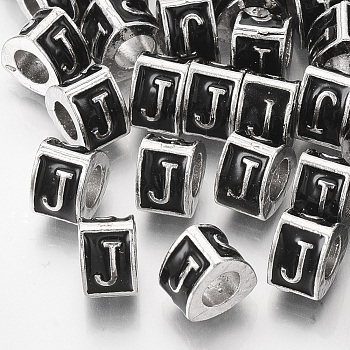 Alloy European Beads, Enamel Style, Large Hole Beads, Triangle with Letter, Platinum, Black, Letter.J, 9.5x9x6.5mm, Hole: 5mm