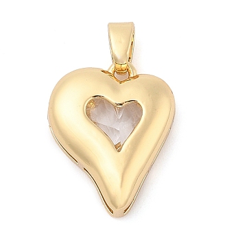 Rack Plating Brass Pendants, Heart Shaped Glass Charms, Long-Lasting Plated, Cadmium Free & Lead Free, Real 18K Gold Plated, Clear, 20.5x16x5mm, Hole: 3x5.5mm