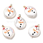 Baroque Style Natural Keshi Pearl Pendants with Enamel, Christmas Flat Round Charms with Golden Tone Brass Pendant Bails, Seashell Color, Snowman, 21~23x16~17.5x4~7.5mm, Hole: 1.2mm(PEAR-G013-02A)
