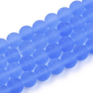 Transparent Glass Beads Strands, Frosted, Round, Royal Blue, 8~8.5mm, Hole: 1.5mm, about 51~53pcs/strand, 14.96 inch~15.55 inch(38~39.7cm)(GLAA-T032-T8mm-MD04)