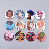 Printed Wooden Big Pendants, Dyed, Flat Round with Fashion Lady, Mixed Color, 60x2.5mm, Hole: 1.5mm(WOOD-S047-M)