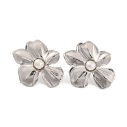 304 Stainless Steel with Plastic Imitation Pearl Stud Earrings for Women, Flower, Stainless Steel Color, 27x33mm(EJEW-Z057-04P)