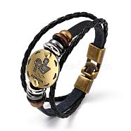 Braided Leather Cord Retro Multi-strand Bracelets, with Wood Beads, Hematite Beads and Alloy Findings, Flat Round,  Antique Bronze, Aquarius, 8-1/4 inch(21cm)(BJEW-L616-20H)