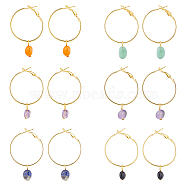 6 Pair 6 Style Natural Mixed Gemstone Nuggets Dangle Hoop Earrings, Golden Iron Earrings, 45~48mm, 1 Pair/style(EJEW-AB00050)