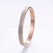 304 Stainless Steel Bangles, with Polymer Clay Rhinestone, Rose Gold, 2-3/8 inch(6cm)x2 inch(5cm), 7mm(BJEW-P223-28RG)