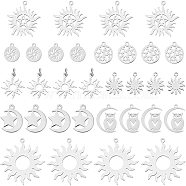 SUPERFINDINGS 32Pcs 8 Style 201/304 Stainless Steel Solar Eclipse Pendants, Laser Cut, Sun & Owl & Flat Round & Star, Stainless Steel Color, 14~32x12~30x0.9~1mm, Hole: 1.4~3mm, 4pcs/style(STAS-FH0001-42)