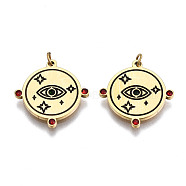 316 Surgical Stainless Steel Enamel Pendants, with Jump Rings and Siam Rhinestone, Flat Round with Eye & Star, Black, Real 14K Gold Plated, 15x15x1.5mm, Jump Ring: 2.7x0.4mm, 1.9mm inner diameter(STAS-S116-363G)