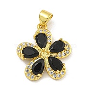 Rack Plating Brass Micro Pave Cubic Zirconia Pendants, Cadmium Free & Lead Free, Long-Lasting Plated, Real 18K Gold Plated, Flower, Black, 20x18x4mm, Hole: 3.5x5mm(KK-G513-93G-03)